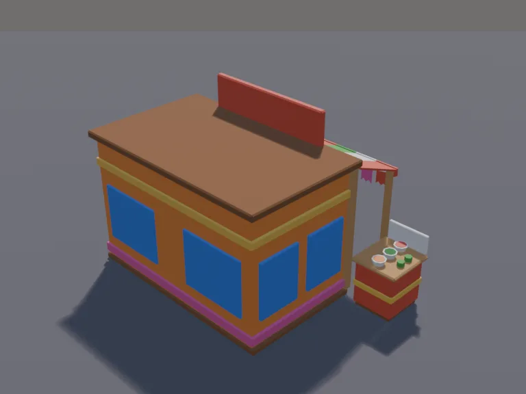 Low-Poly Taco Stand: a low-poly taco stand: a colourful wooden stand with a striped awning, a griddle with tortillas, bowls of fillings, a salsa bar, a menu board left blank,…