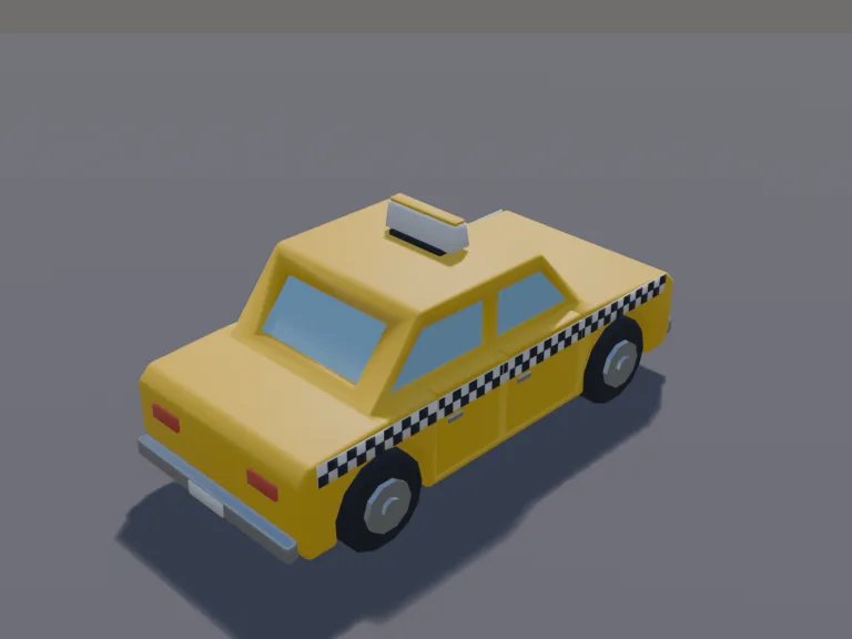 Low-Poly Taxi Cab: a low-poly taxi cab: a rounded four-door car painted bright yellow with a checker stripe along its sides, a roof sign with no writing, round headlights,…