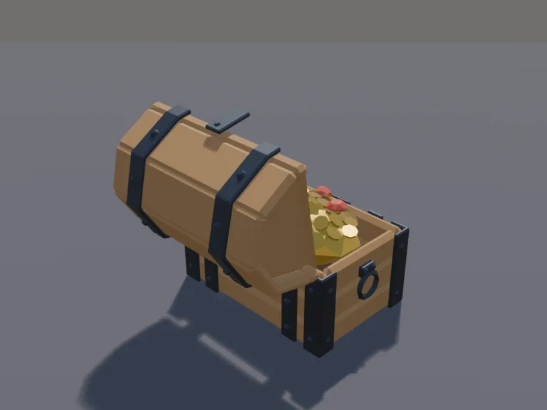 Low-Poly Treasure Chest: a low-poly treasure chest with iron bands, rivets and a big lock, the lid as its own part so it can open.
