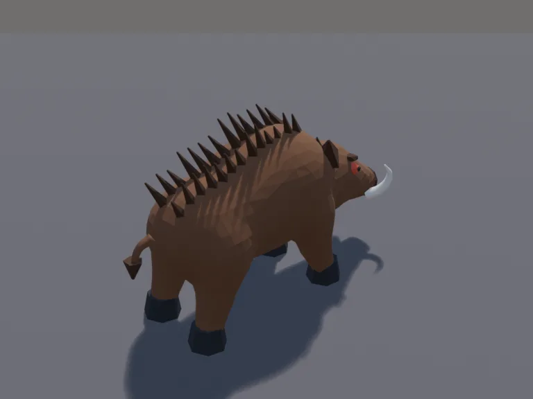 Low-poly Wild Boar: a low-poly wild boar: a stocky boar with bristly brown fur, a long snout, two curved tusks, small angry eyes and short legs, standing ready to charge, its…