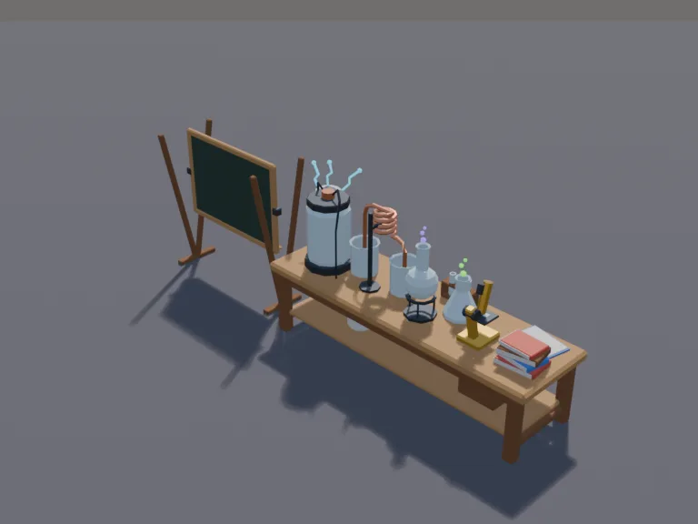 Mad Scientist Lab Bench: a low-poly mad scientist's lab bench: a long wooden bench with bubbling glass flasks of green and purple liquid, a coiled copper tube joining two…