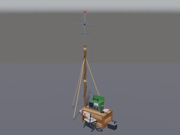 Makeshift Radio Station: a low-poly makeshift radio station: a wooden crate table with an old radio set, a microphone, a tangle of wires, a car battery, a long antenna on a…