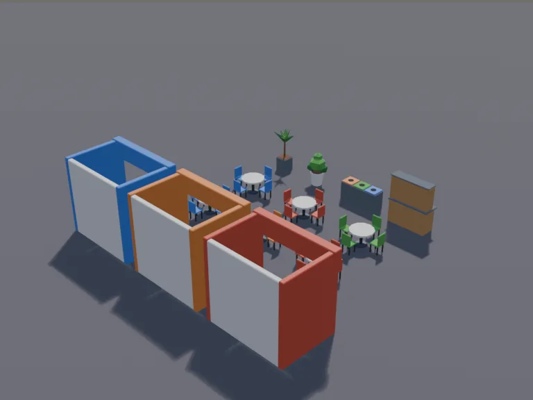 Mall Food Court Set: a low-poly mall food court set: a seating area of round tables and chairs, a tray return station, a recycling bin and potted plants.