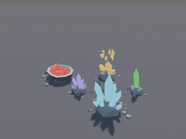 Mana Crystal Nodes: a set of low-poly mana crystal nodes: a large cluster of tall blue crystals growing out of a rock, a smaller purple cluster, a single glowing green crystal…