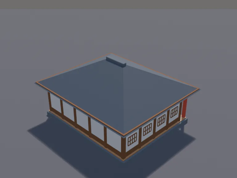 Martial Arts Dojo: a low-poly martial arts dojo: a wooden training hall with a polished floor, a rack of wooden practice swords and staffs, training mats, a striking post and a…
