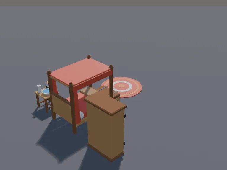 Medieval Bedroom Set: a low-poly medieval bedroom set: a wooden four-poster bed with a quilt and fur blanket, a wooden storage chest at its foot with a lid that is its own…