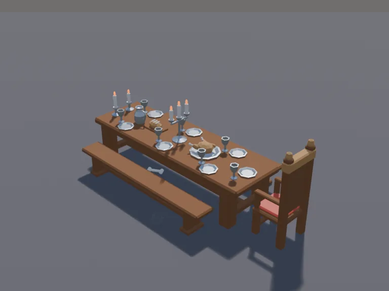 Medieval Feast Table: a low-poly medieval dining set: a long heavy wooden table with thick legs, two benches, a high-backed chair at the head, pewter plates and goblets, a…