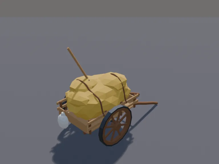 Medieval Hay Cart: a low-poly medieval hay cart: a wooden two-wheeled cart piled high with golden hay, long shafts at the front for a horse, a pitchfork stuck in the top of the…