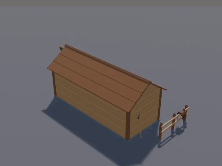 Medieval Horse Stable: a low-poly medieval horse stable: a long timber building with an open front and three stalls divided by wooden walls, half doors, a hay loft above with a…