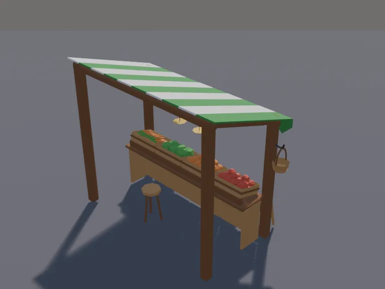 Medieval Produce Stall: a low-poly medieval fruit and vegetable stall: a wooden market stall with a green and cream striped cloth awning, slanted crates of red apples, oranges,…