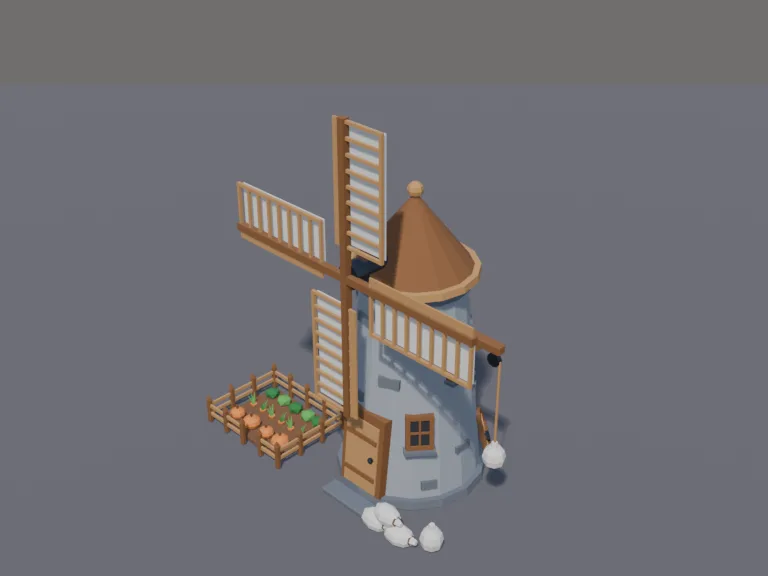 Medieval Stone Windmill: a low-poly medieval windmill: a round stone tower that tapers toward the top, a conical wooden cap, a small wooden door and windows, sacks of flour…