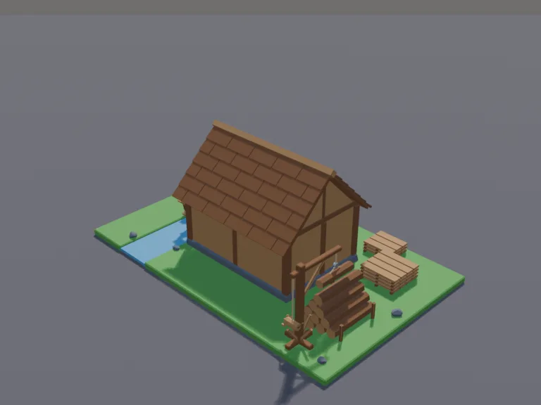 Medieval Water Sawmill: a low-poly medieval sawmill: a timber building beside a small stream with a big wooden water wheel that is its own part so it can turn, a long saw bench…
