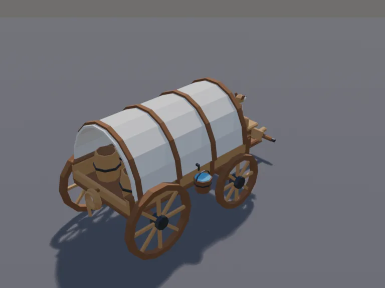 Merchants Covered Wagon: a low-poly merchant's wagon: a four-wheeled wooden wagon with a curved canvas cover, a driver's bench at the front, barrels, crates and a rolled rug…