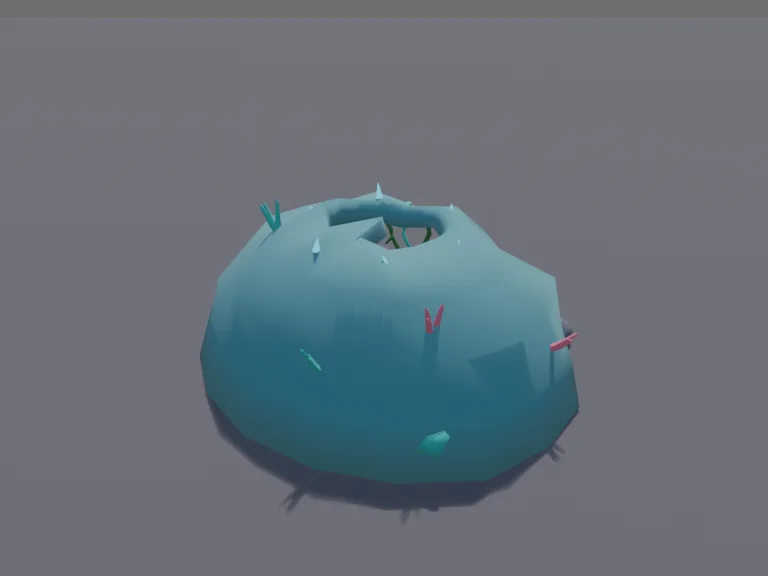 Mermaid Grotto: a low-poly mermaid grotto: a rocky undersea cave with a shell-shaped throne inside, pearls on the ledges, softly glowing crystals, seaweed hanging at the…