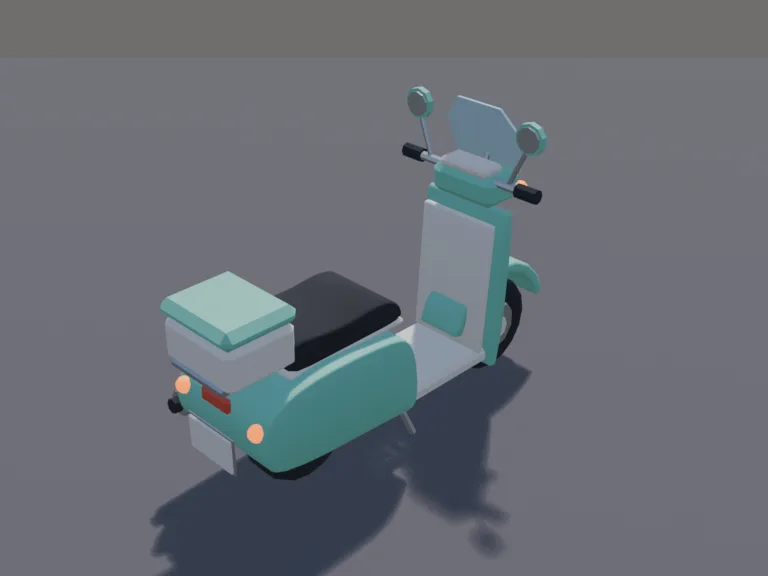 Mint Motor Scooter: a low-poly motor scooter: a small round-bodied scooter with a step-through floor, a little windscreen, a round headlight, a rear storage box and a two-tone…
