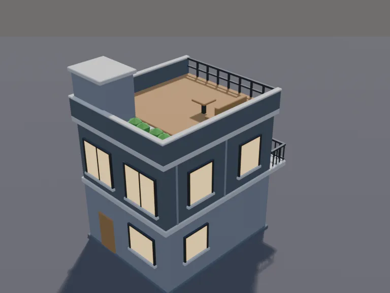 Modern Grey Townhome: a low-poly two-storey townhome with a garage underneath: a narrow modern home with grey panels, a garage door on the ground floor, a balcony above with a…