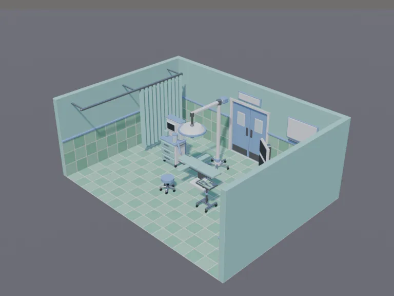 Modern Operating Room: a low-poly modern operating room: an operating table under a big round surgical light, an anaesthesia cart, a tray of tools, a monitor tower with blank…