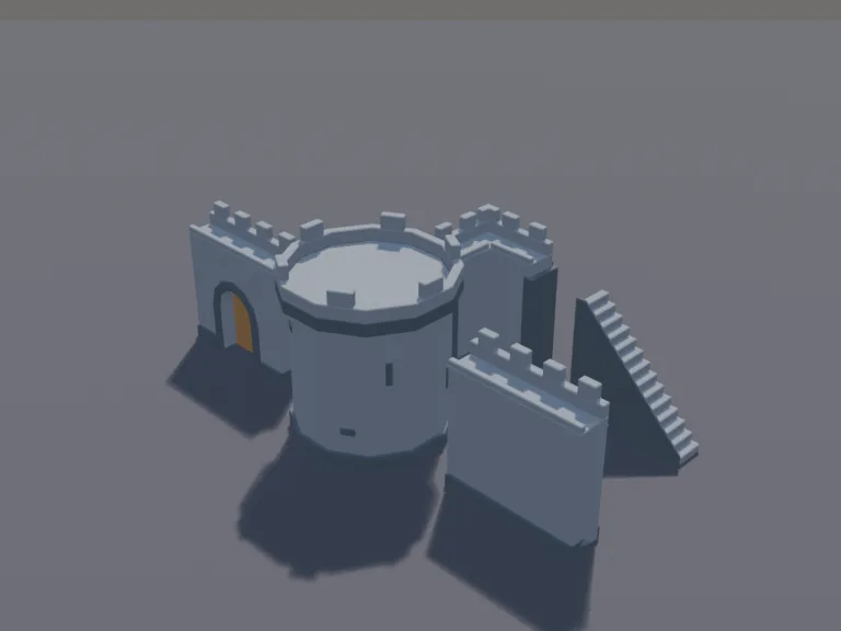 Modular Castle Wall Kit: a low-poly modular castle wall kit that snaps together on a grid: a straight wall, a corner, a gate with a wooden door, a round tower and a staircase.