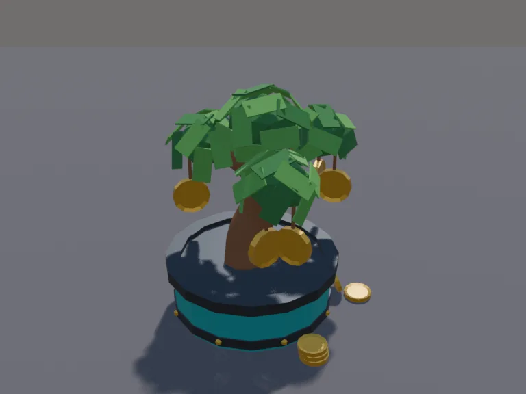 Money Tree Planter: a low-poly money tree: a short chunky tree with a twisting trunk, leaves made of green bills, gold coins hanging like fruit, a few coins fallen on the…