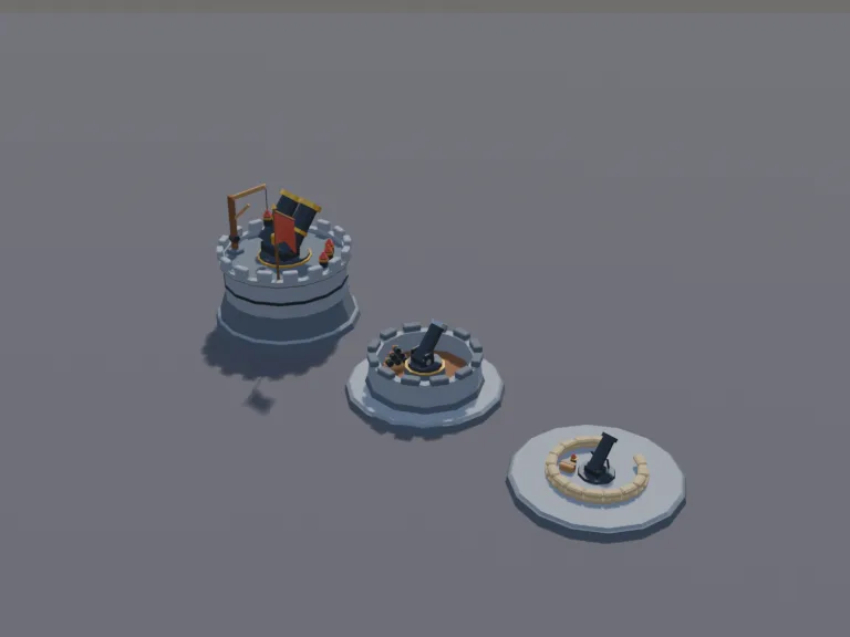 Mortar Tower Upgrades: a low-poly mortar tower in three upgrade levels, side by side: a small sandbagged emplacement with a stubby iron mortar, a stone bunker with a larger…