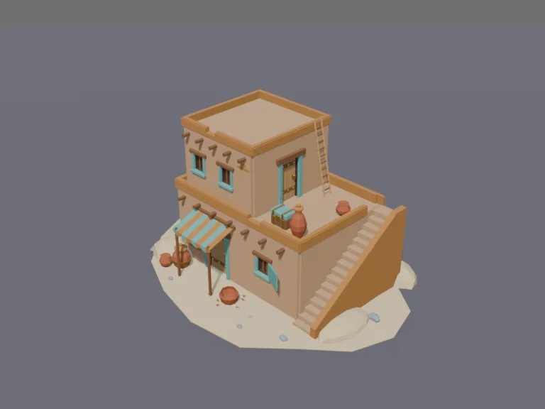 Mud-Brick Desert House: a low-poly mud-brick desert house: a flat-roofed two-storey sandstone house with small windows, an outside staircase to the roof, a cloth awning, clay…