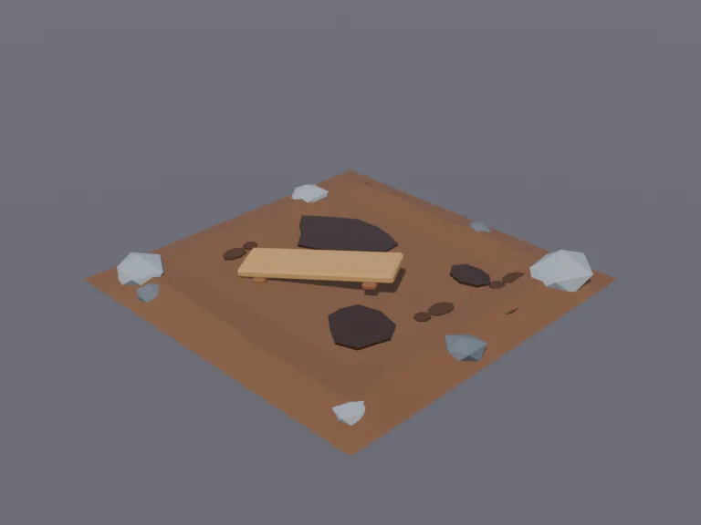 Mud Slow Trap: a low-poly slow-down mud trap: a square patch of thick brown mud with footprints and puddles, a few rocks at its edges, and a small wooden boardwalk plank half…