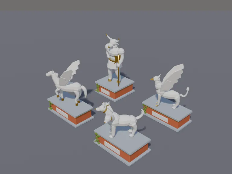 Myth Creature Statues: a low-poly myth creature statues: a winged horse, a three-headed guard dog, a bull-headed giant and a griffin, each carved in white marble on its own plinth.