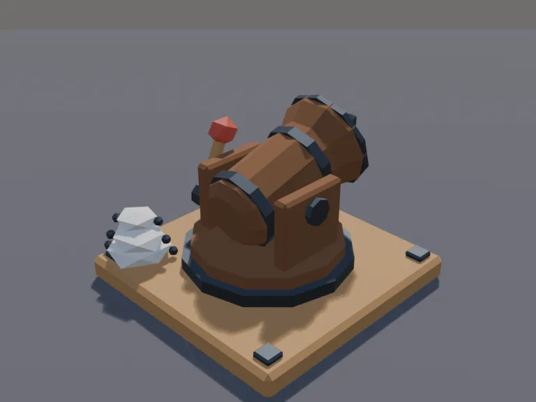 Net Launcher Trap: a low-poly net launcher trap: a squat wooden cannon-like launcher on a swivel, a folded rope net loaded in its mouth, a pile of spare nets, and a lever on…