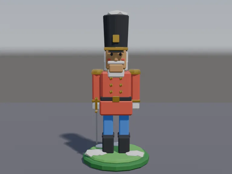 Nutcracker Soldier Statue: a low-poly nutcracker soldier statue: a tall wooden soldier with a red coat, gold buttons and epaulettes, a tall black fur hat, a white beard, rosy…
