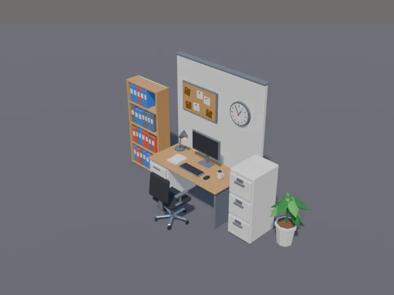 Office Desk Set: a low-poly office desk set: a wide desk with drawers holding a monitor with a blank dark screen, a keyboard and mouse, a desk lamp, a mug and a small stack of…