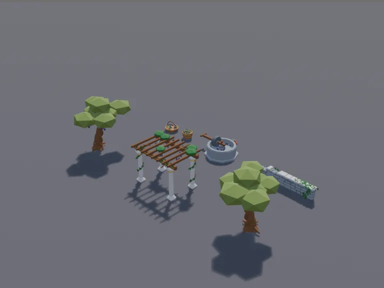 Olive Grove Set: a low-poly olive grove set: two twisted olive trees, a vine-covered pergola, a stone olive press with a turning wheel that is its own part, baskets of olives…