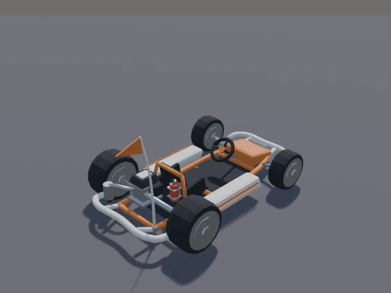 Orange Go-Kart: a low-poly go-kart: an open tube frame, a low bucket seat, a small steering wheel, a rear engine with an exhaust pipe, chunky slick tyres, a front bumper and…