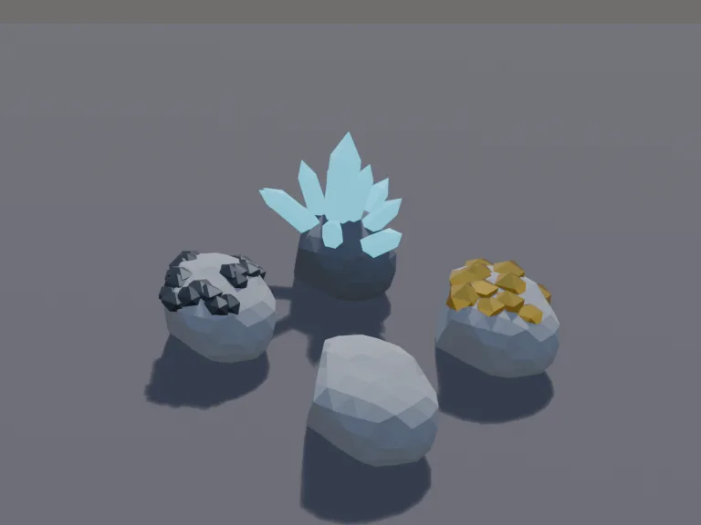Ore Rock Tiers: a set of four low-poly ore rocks to mine: plain stone, stone with iron veins, stone with gold nuggets, and a rock bursting with glowing crystals.