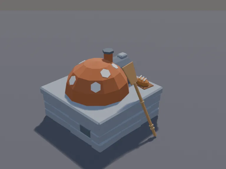 Outdoor Clay Oven: a low-poly outdoor clay oven: a dome-shaped clay oven on a stone base with a glowing arched mouth, a wooden peel leaning on it, a loaf of bread on a board…