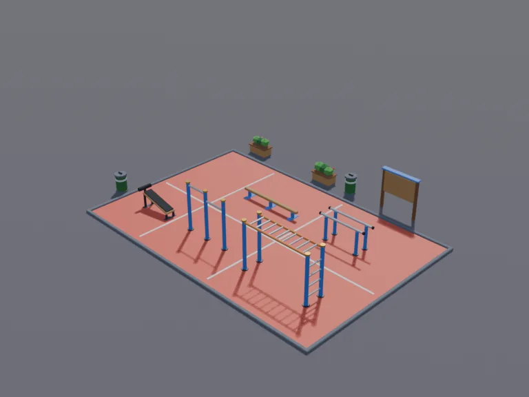 Outdoor Fitness Park: a low-poly outdoor fitness park set: a pull-up bar frame, parallel bars, a sit-up bench, a balance beam, a set of monkey bars and a sign board left blank,…