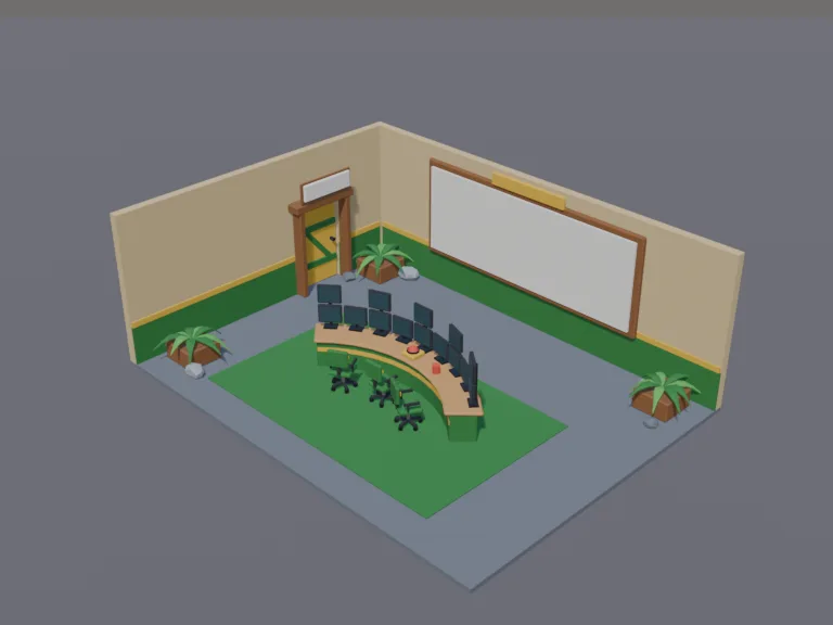 Park Control Room: a low-poly park control room: a curved desk with many monitors showing blank screens, a big blank park map on the wall, office chairs, a coffee mug and a big…