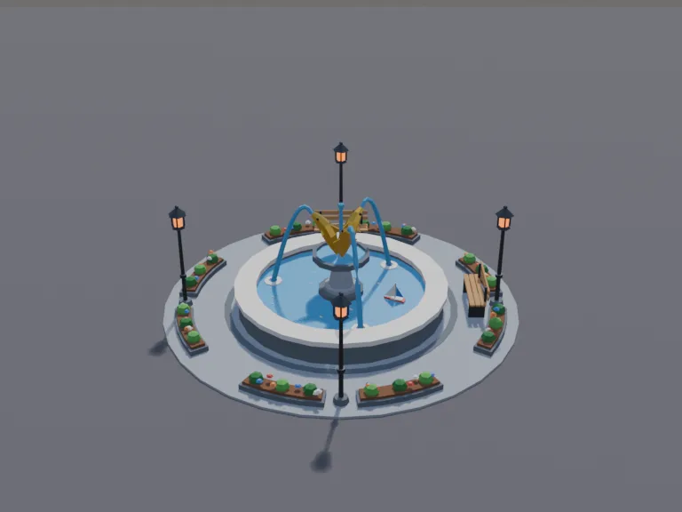 Park Fish Fountain: a low-poly park fountain: a central sculpture of three leaping fish spouting arcs of water, sparkling water in the basin with a few coins, two benches…