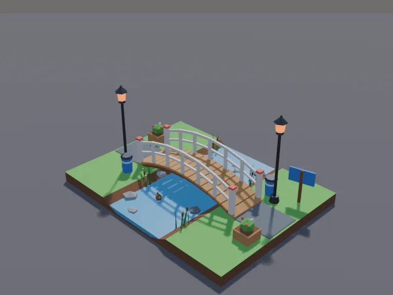Park Footbridge: a low-poly park footbridge: an arched wooden footbridge with railings, crossing a short stream piece with stones and reeds, with lamp posts at both ends.