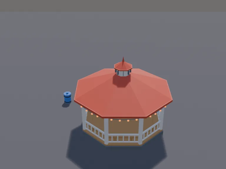 Park Gazebo: a low-poly park gazebo: an eight-sided white wooden gazebo with a pointed roof and a little cupola, railings with an opening, a bench running around the inside,…