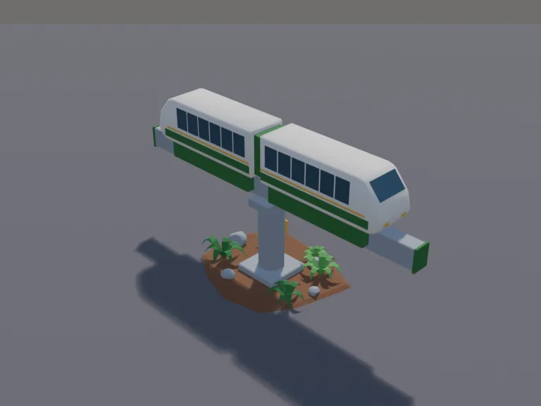 Park Monorail: a low-poly park monorail: a sleek two-car monorail train in white and green on a short section of raised track with a pillar.