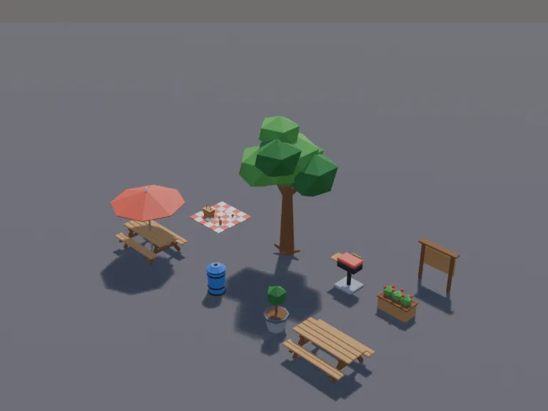 Park Picnic Area: a low-poly picnic area set: two wooden picnic tables with attached benches, a park barbecue stand, a trash bin, a red and white checked blanket with a basket…