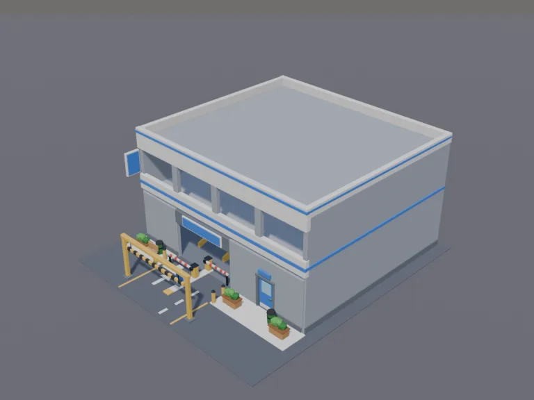 Parking Garage Entrance: a low-poly parking garage entrance: a concrete multi-storey car park front with a ticket barrier arm that is its own part, a ticket machine, a height…