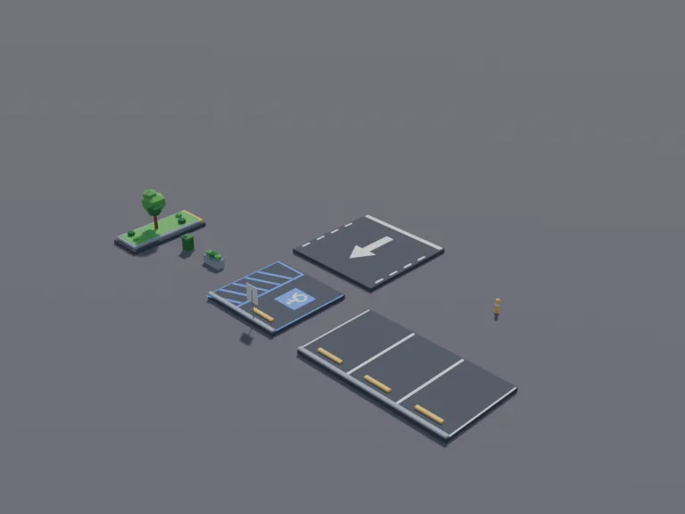 Parking Lot Kit: a low-poly parking lot kit that snaps together on a grid: a section of three parking spaces with painted lines and wheel stops, an accessible space with a blue…