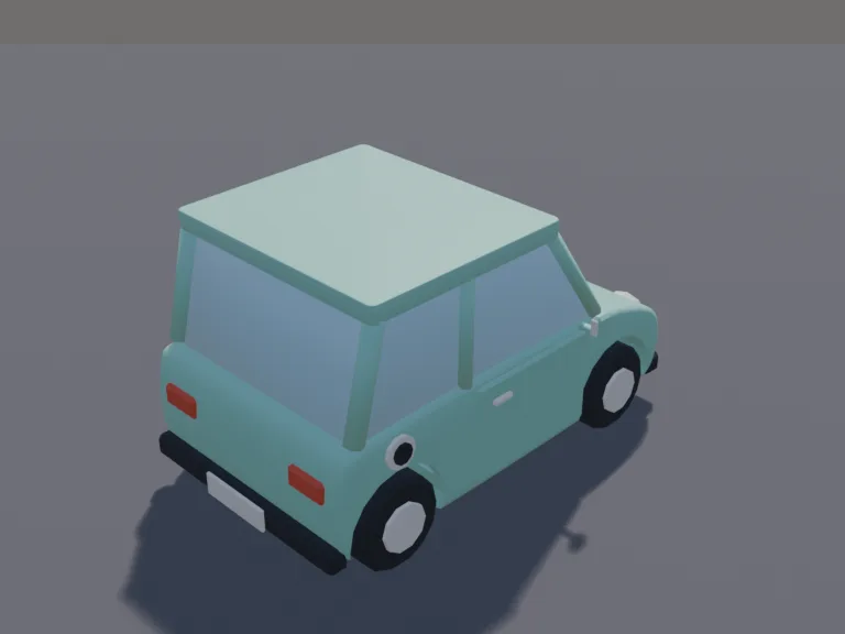 Pastel Mini EV: a low-poly mini electric car: a tiny rounded two-seat city car with a big windscreen, round headlights, a charging port on the side, pastel paint and small wheels.