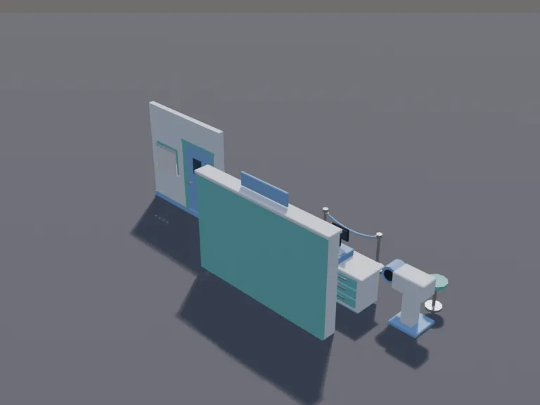 Pharmacy Counter: a low-poly pharmacy counter: a long counter with a cash register, shelves of medicine boxes with no labels behind it, a consultation window, a blood pressure…