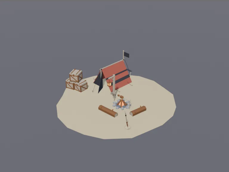 Pirate Beach Camp: a low-poly pirate beach camp: a tent made from an old sail, a campfire with a roasting spit, logs to sit, a stack of crates, a lantern on a post and a shovel…