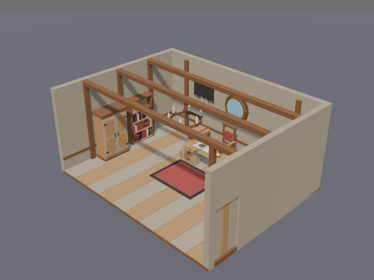 Pirate Captains Cabin: a low-poly pirate captain's cabin: a big desk with a map and compass, a chair with a red cushion, a hammock, a bookshelf, a wardrobe, a round porthole…