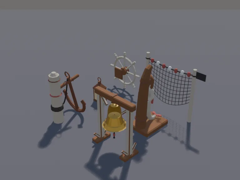 Pirate Decor Set: a low-poly pirate decor set: a carved mermaid figurehead, a ship's wheel to hang on a wall, a big brass bell, a hanging lantern, an anchor leaning on a post…