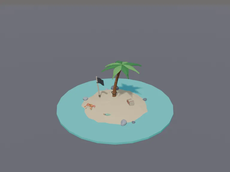 Pirate Desert Island: a low-poly tiny desert island: a small round sandy island with one leaning palm tree, a message in a bottle half buried in the sand, a few rocks, a crab…