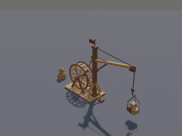 Pirate Harbour Crane: a low-poly harbour crane: a wooden dockside crane with a big treadwheel, a cargo net full of crates hanging from it and a stack of barrels.